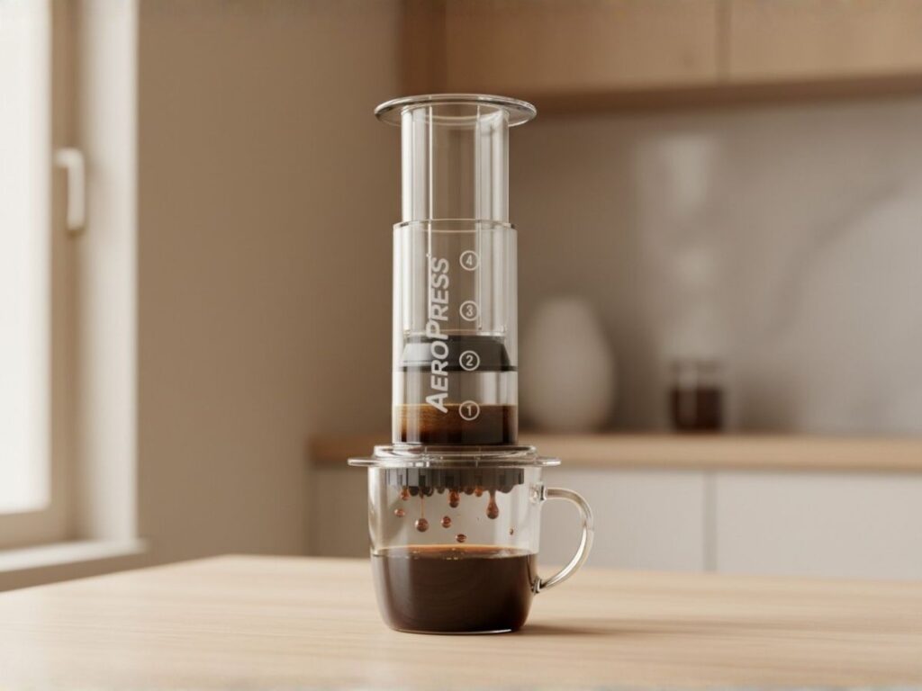 AeroPress preparando café Castillo Rosario de ISVAR Coffee Factory, método recomendado para resaltar dulzor y equilibrio en café de especialidad ecuatoriano.