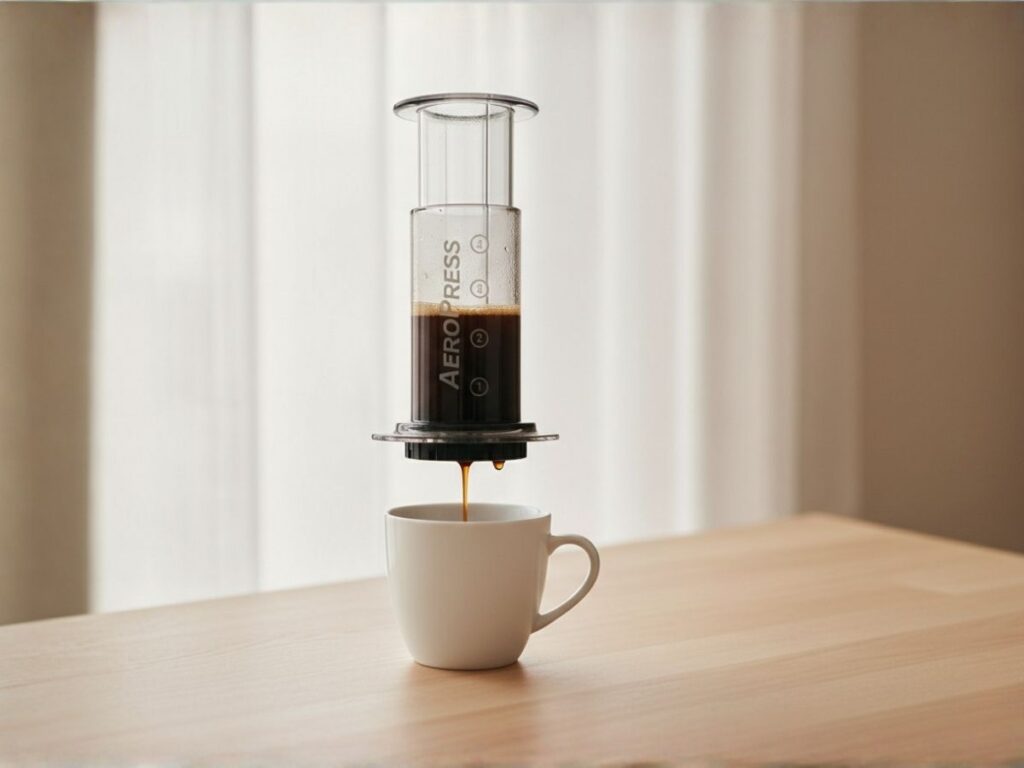 Metodo Aeropress preparando cafe Geisha de ISVAR Coffee Factory, extraccion limpia y controlada en cafe de especialidad ecuatoriano