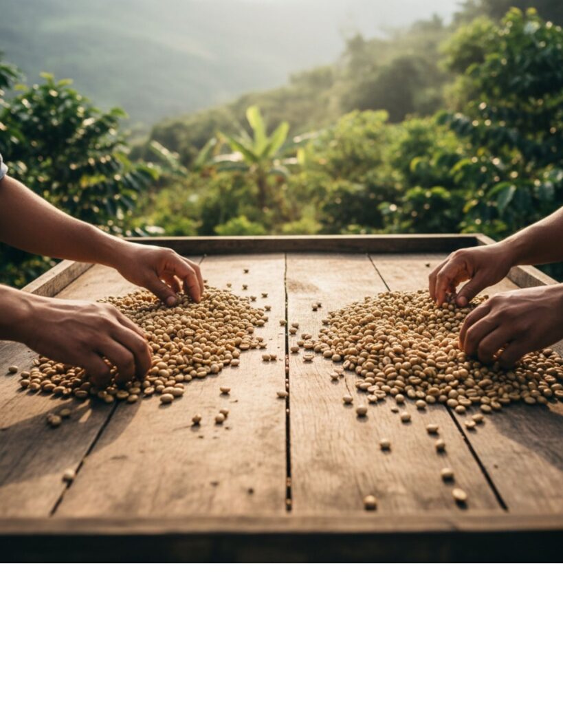 Selección manual de granos de café Castillo Rosario en la finca La Cabaña, Valle del Quijos, Ecuador