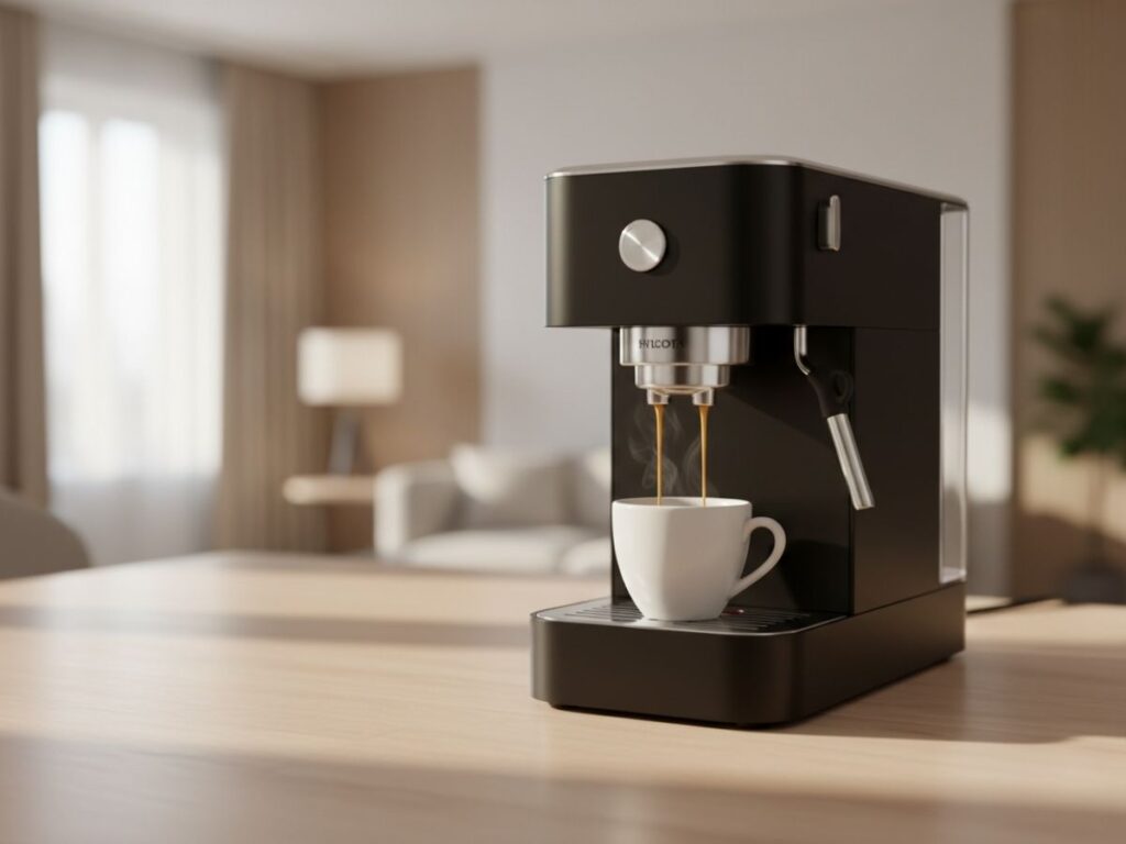 Máquina de espresso casera preparando café Castillo Rosario de ISVAR Coffee Factory en una cocina doméstica.