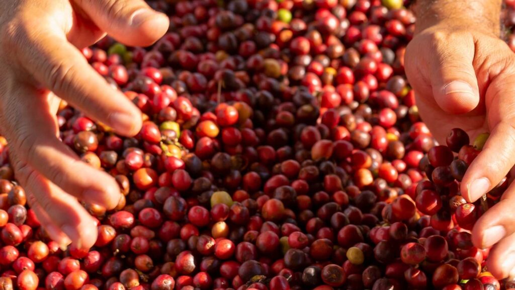 cosecha manual de café de especialidad con cerezas maduras en finca