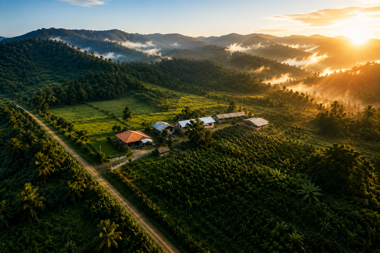 Vista aérea de la finca La Cabaña al amanecer, Amazonía ecuatoriana